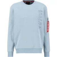 Light blue Alpha Industries sweatshirt with "ALPHA" text on chest and red tag on sleeve.