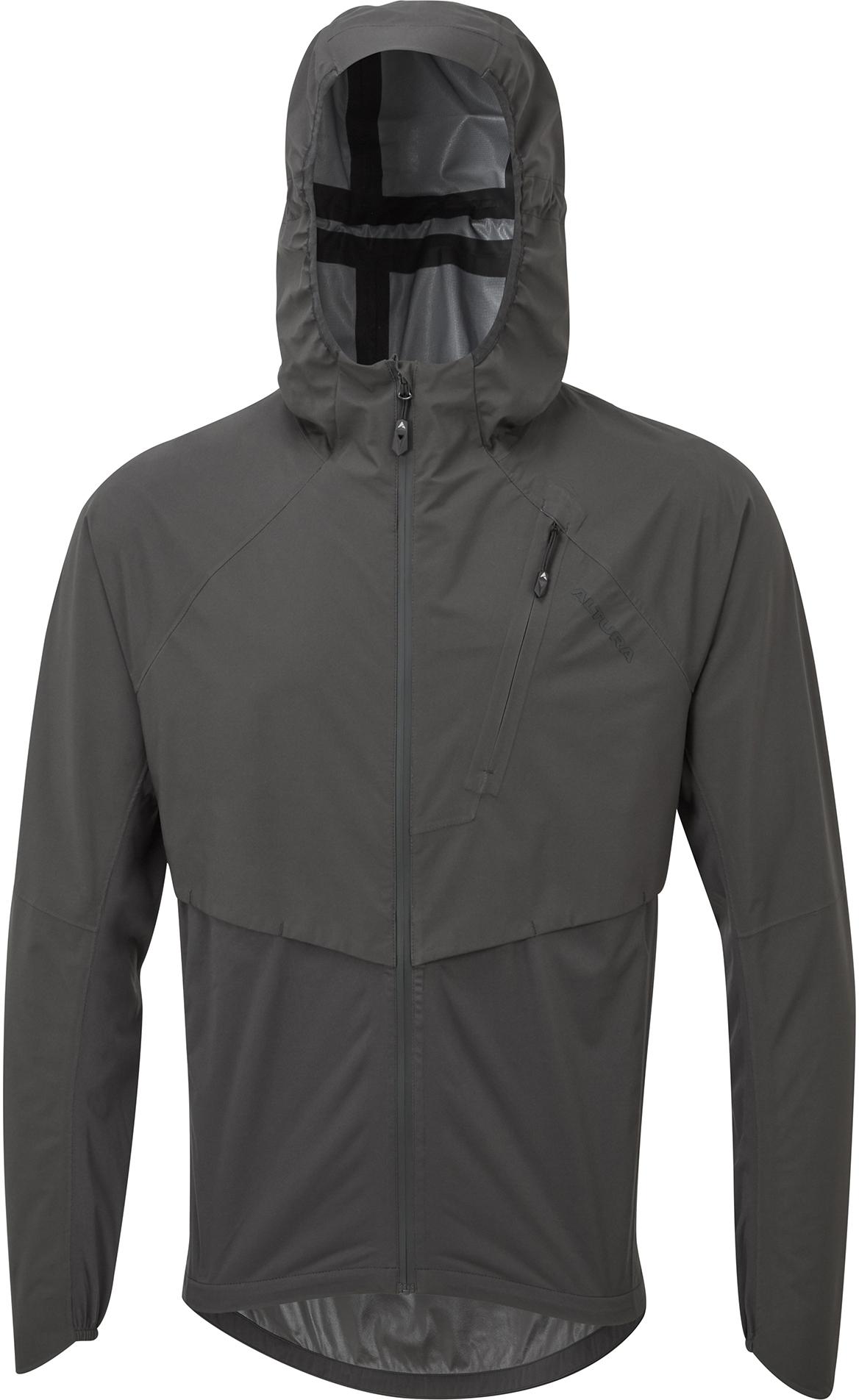 Dark gray waterproof men's jacket with hood, front zipper, and chest pocket, lightweight and packable design.