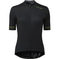 Black Altura Icon women's jersey with short sleeves, full zip, subtle logo, and green accents on sleeves.