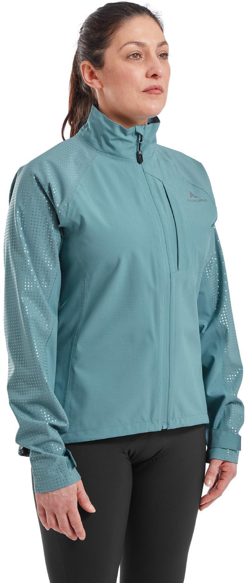 Altura Night Vision Storm women's jacket in Adriatic Blue with reflective dots, high collar, and zippered chest pocket.