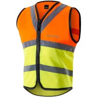 Bright yellow kids cycling vest with orange accents, reflective stripes, and black zipper, size 10-12 years.