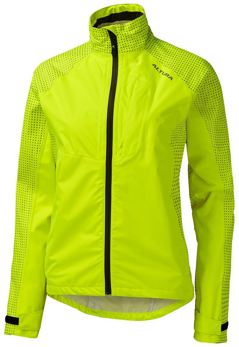 Neon yellow waterproof cycling jacket with black zipper, dotted sleeves, and high collar.