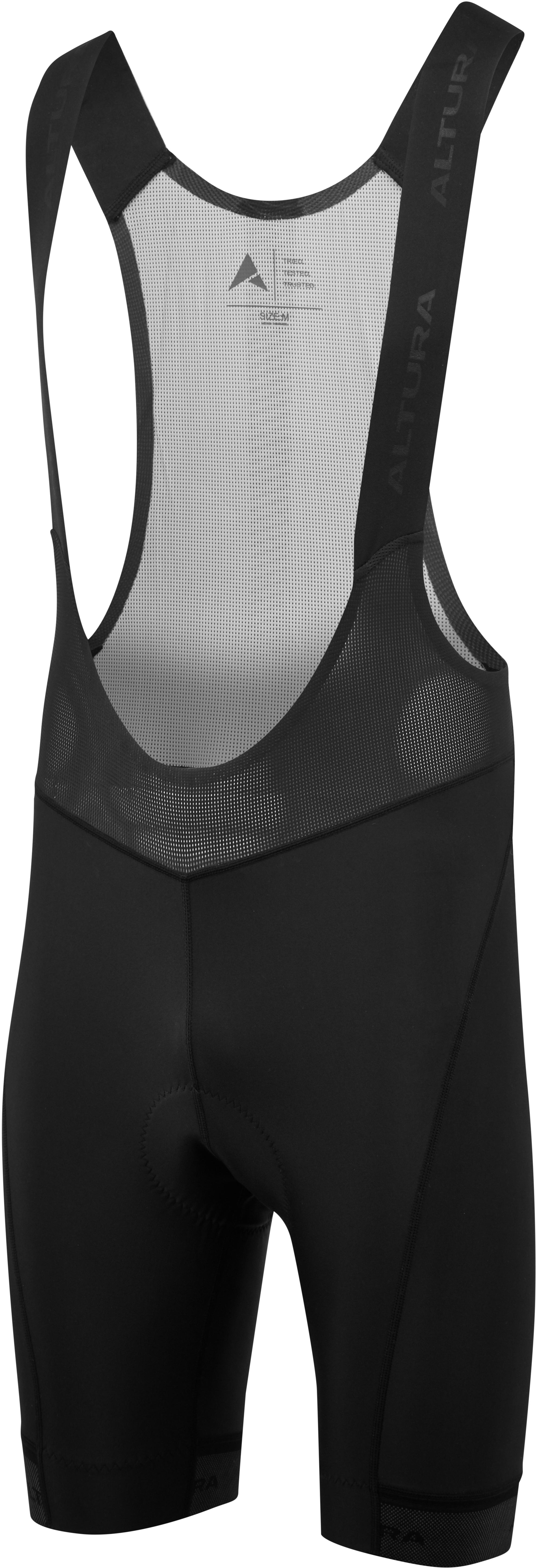 Black Altura Progel Plus men's bib shorts with mesh straps and padded seat for cycling comfort.