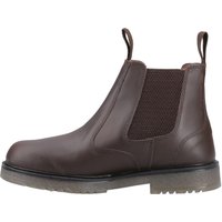Brown leather Chelsea boot with elastic side panels, pull tabs, and textured rubber sole.