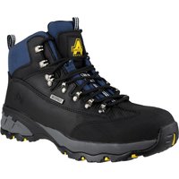 Black Amblers Safety boot, blue accents, metal eyelets, rugged sole, size 7, by Footsure Western Limited.