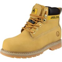 Tan Amblers Safety boot with Goodyear welt, black padded collar, yellow laces, and slip-resistant sole.