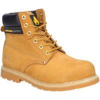 Tan Amblers Safety boot, Goodyear welted, black padded collar, yellow laces, and rugged sole, size 7.
