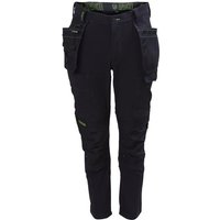 Black stretch holster trousers with multiple pockets, size 36W/31L, featuring reinforced knees and adjustable waistband.