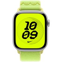 Apple 42mm watch with bright yellow-green Nike Sport Loop, digital display showing time in bold black numbers.