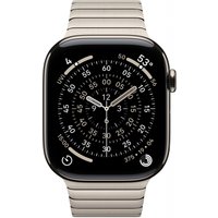 Apple 46mm smartwatch with natural link bracelet, silver stainless steel, black digital display with analog clock face.