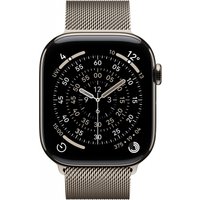 Apple Watch with 46mm natural Milanese loop band, stainless steel mesh design, black digital display showing time.
