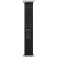 Apple 49mm black trail loop watch band, S/M size, with natural titanium finish connectors.