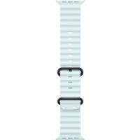 Apple 49mm Ice Blue Ocean Band with black titanium finish, ribbed texture, and adjustable clasp.