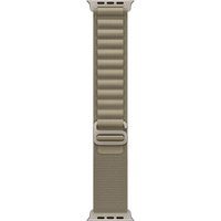 Olive green Apple 49mm Alpine Loop watch band, small size, with textured fabric and metal clasp.