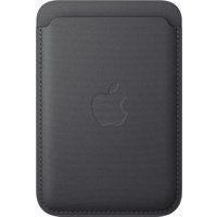 Black Apple iPhone FineWoven Wallet with MagSafe, sleek design, embossed Apple logo, stitched edges.