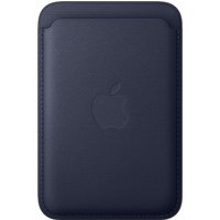 Navy Apple iPhone FineWoven Wallet with MagSafe, smooth texture, embossed Apple logo, rounded corners.