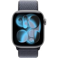 Apple blue nylon watch band with recycled polyester and spandex, attached to a smartwatch with a digital display.