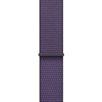 Purple Apple watch band made of nylon, recycled polyester, and spandex with textured pattern and adjustable loop.