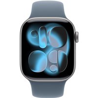 Blue fluoroelastomer Apple watch band with sleek design, attached to a silver smartwatch displaying abstract blue shapes.