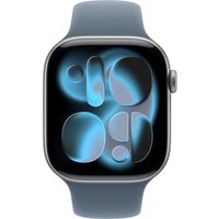 Blue fluoroelastomer Apple watch band with sleek design, attached to a smartwatch with a glowing abstract display.