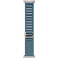 Blue Apple watch band with titanium buckle, polyester and spandex material, ribbed texture, and adjustable strap.