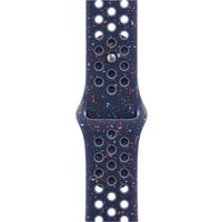 Blue Apple smartwatch band with perforated fluoroelastomer design and aluminum pin closure.