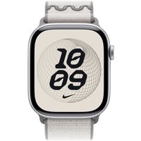 Grey Apple watch band in nylon, polyester, spandex with a textured finish, attached to a smartwatch.