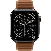 Apple caramel polyester watch band on smartwatch with black dial and silver casing