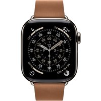 Caramel polyester Apple watch band with sleek design, attached to a black Apple Watch displaying an analog clock face.