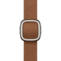 Caramel polyester Apple watch band with silver buckle, sleek and minimalist design.