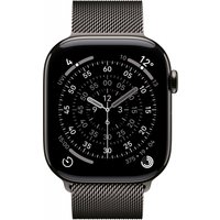 Slate stainless steel Apple watch band with mesh design, attached to a black smartwatch displaying an analog clock face.