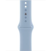 Light blue Apple watch strap with adjustable holes and sleek design.
