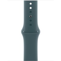 Green fluoroelastomer Apple smartwatch band with adjustable holes and sleek design.
