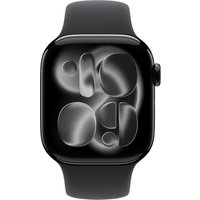 Black fluoroelastomer Apple smartwatch band with sleek, smooth finish and adjustable clasp.