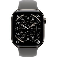 Grey fluoroelastomer Apple watch band with sleek design, attached to a smartwatch displaying an analog clock face.