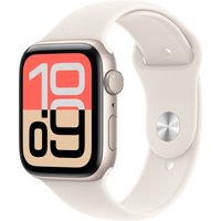 Apple Watch SE 3rd Gen GPS 44mm with Starlight Aluminium Case, beige sport band, large digital display.