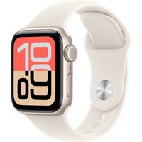 Apple Watch SE 3rd Gen 40mm in Starlight, rectangular face, digital display, light band, side button, and crown.
