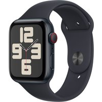 Apple Watch SE 44mm, midnight aluminum case, black sport band, large digital display with red accent on crown.