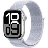 Apple Watch Series 10, 42mm silver aluminum case, blue cloud sport loop, large digital display.