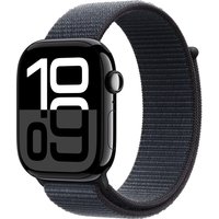 Apple Watch Series 10 GPS 46mm, jet black aluminum case, bold digital display, black sport loop band.