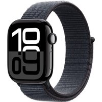 Apple Watch Series 10, 42mm Jet Black Aluminium, Ink Sport Loop, bold white numerals on black face.