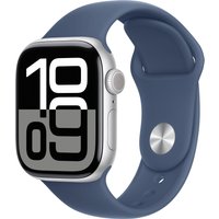 Apple Watch Series 10, 42mm silver aluminum case, denim sport band, large digital display, GPS + Cellular.