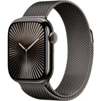 Apple Watch Series 10, 42mm slate titanium case, slate Milanese loop band, sleek design with radial watch face.