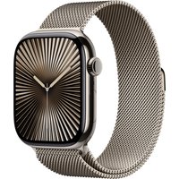 Apple Watch Series 10 in natural titanium, 46mm, with a sleek mesh band and a sunburst dial design.