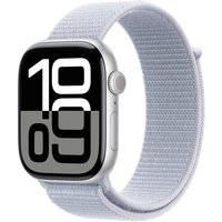 Apple Watch Series 10, 46mm silver aluminum case, blue cloud sport loop, bold digital display.