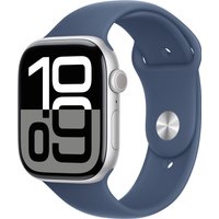 Apple Watch Series 10, 46mm silver aluminum case, denim sport band, large size, digital display showing time.