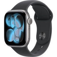 Apple Watch Series 11 GPS 42mm in space grey aluminum with a black sport band and a vivid digital display.