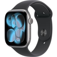 Apple Watch Series 11 GPS 46mm in Space Grey Aluminium with a Black Sport Band, featuring a sleek digital display.