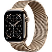 Apple Watch Series 11, gold titanium case, gold Milanese loop band, GPS + Cellular, 42mm display.