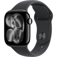 Apple Watch Series 11, 42mm Jet Black Aluminium, GPS + Cellular, sleek black band, rounded edges, digital crown.